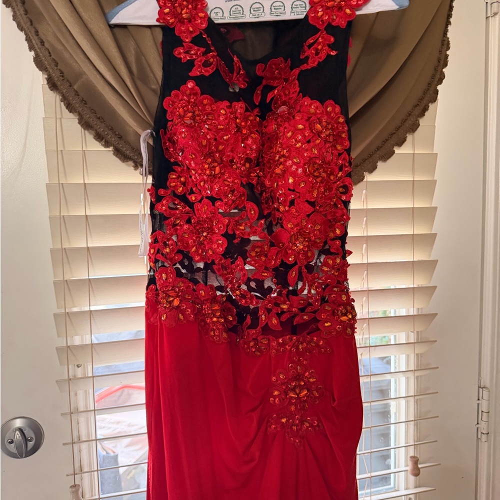 Cinderella Red and Black Floral Appliqué Prom Dress